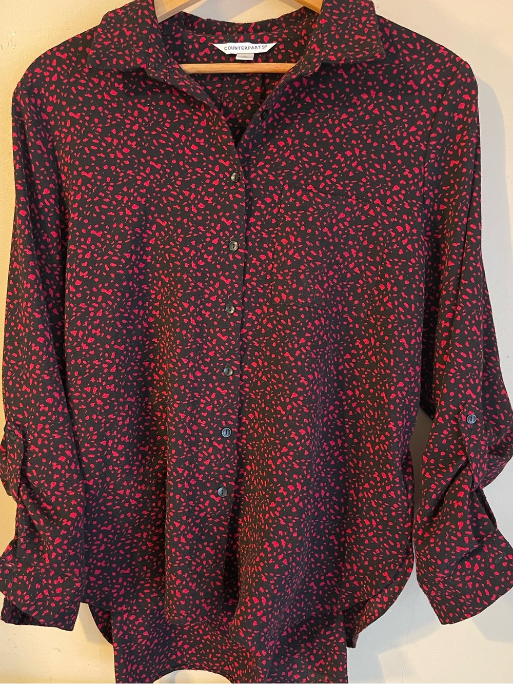 Counterparts Black & Red Speckle Abstract Button Down Roll Tab Blouse